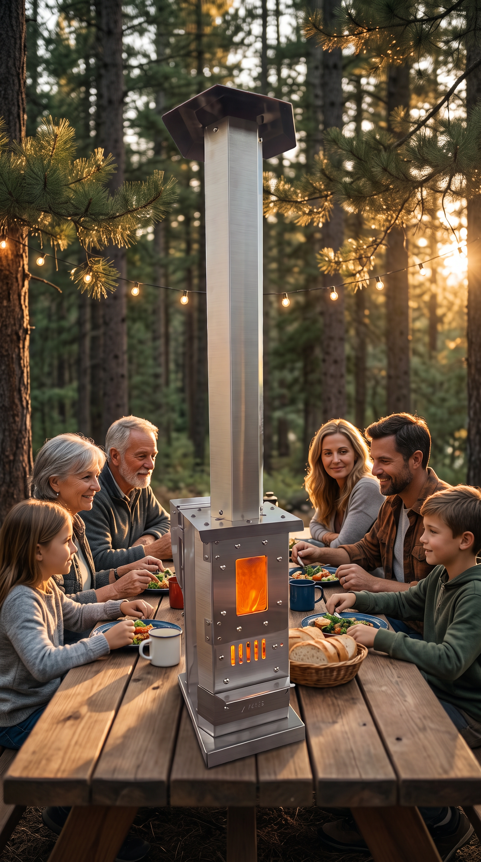 Multi-generational family dining around the Sierra Trail™ at golden hour in a pine forest