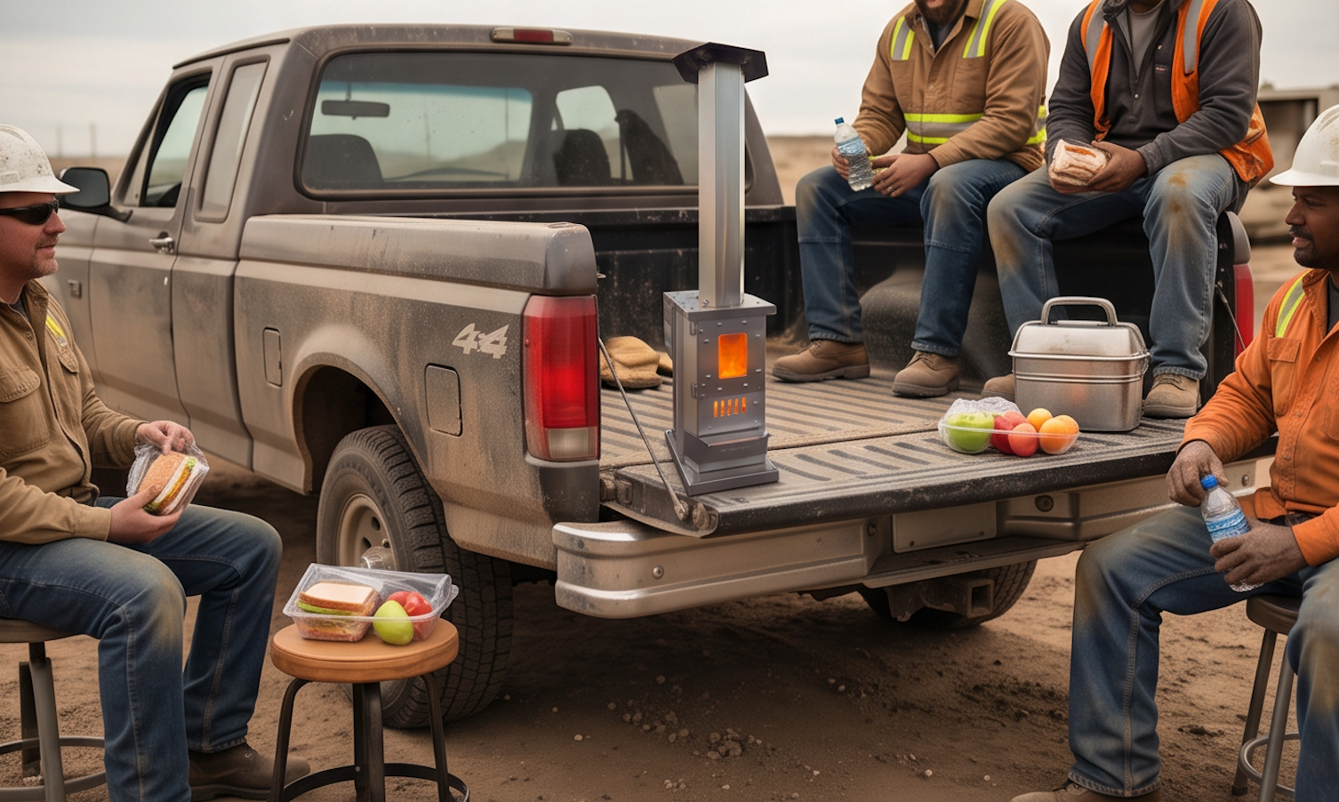 Construction crew lunch break around the Sierra Trail™ on a truck bed
