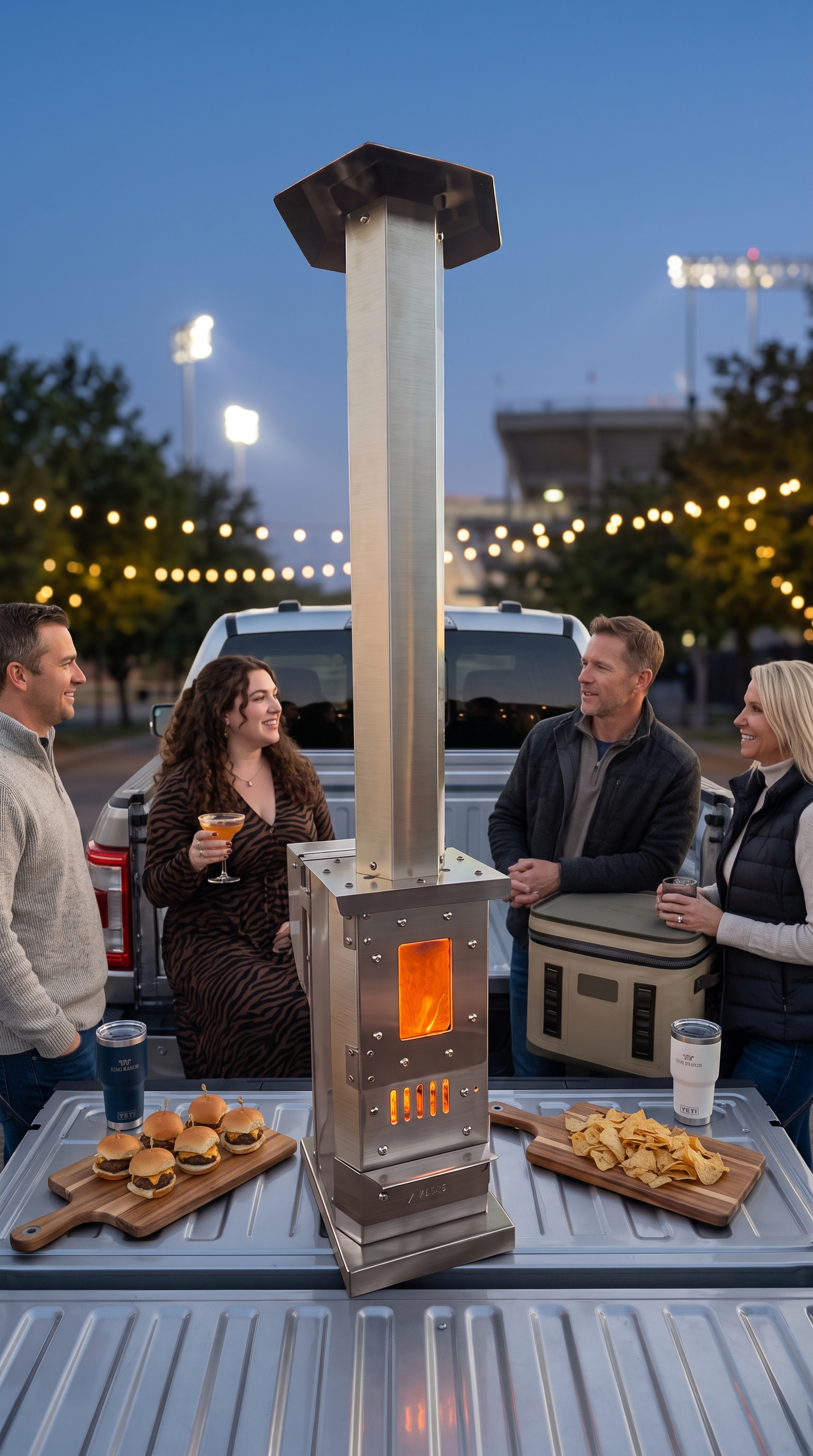 Four friends gathered around the Sierra Trail™ on a truck tailgate at dusk with stadium lights