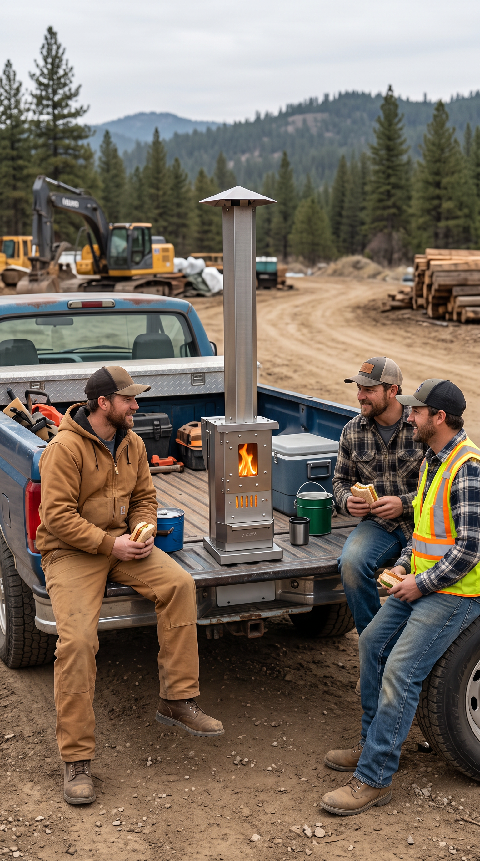Field crew gathered around the Sierra Trail™ for lunch at a worksite tailgate