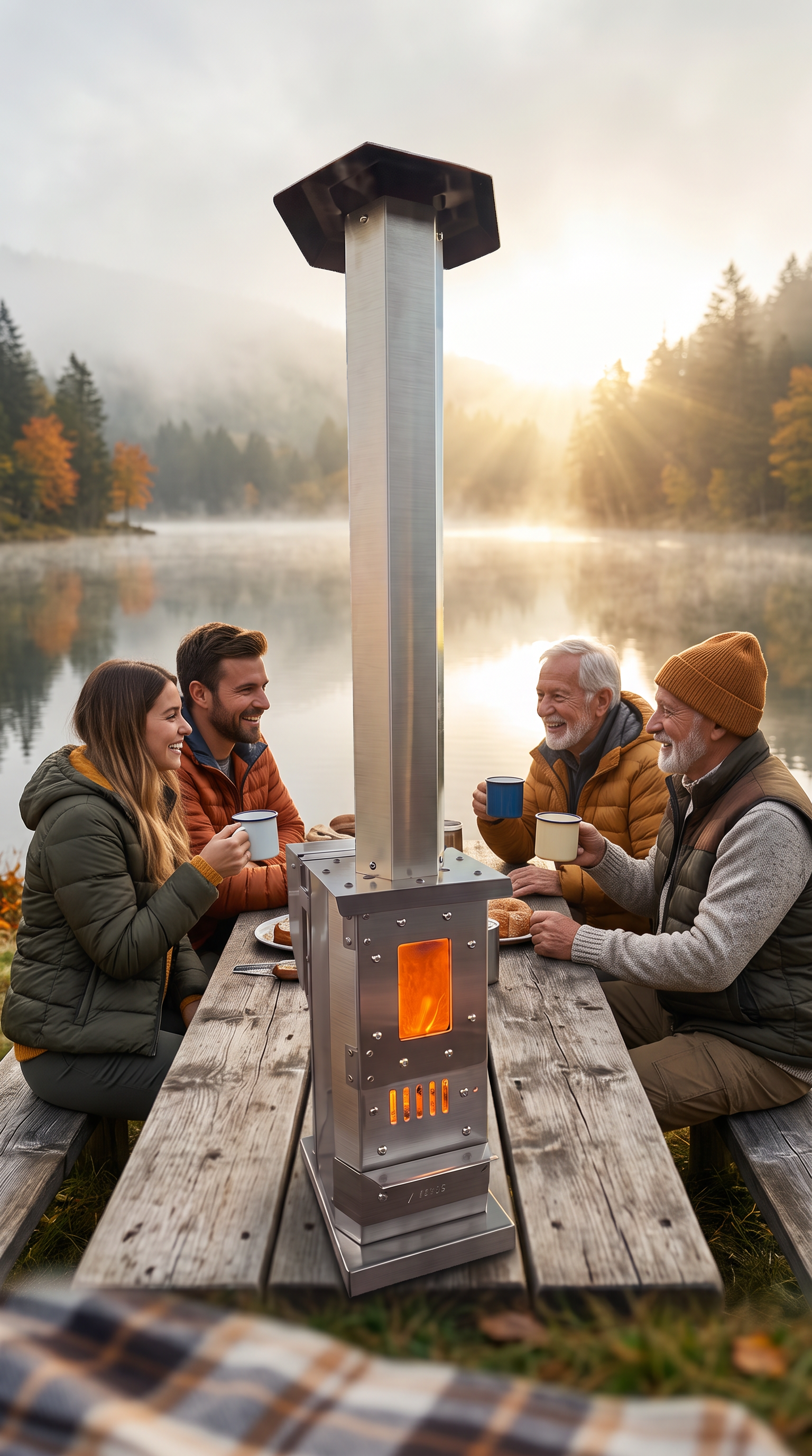 Four people sharing coffee around the Sierra Trail™ on a lakeside picnic table on a misty morning
