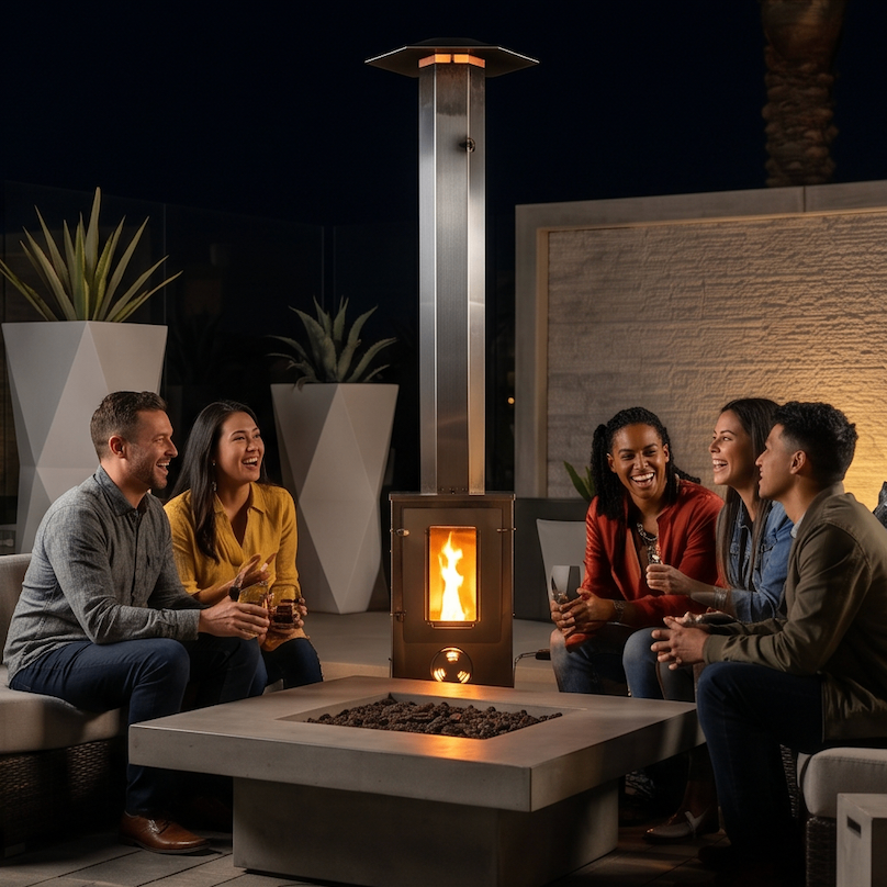 Group of friends gathered around fire on outdoor patio